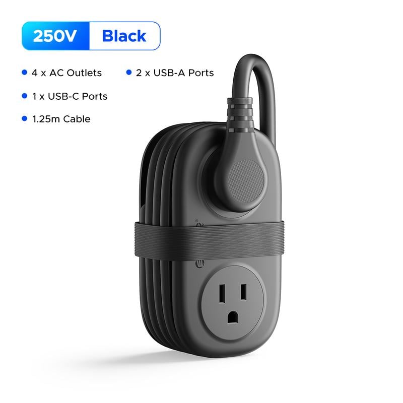 Cruise approved power strip with flat plug and wrapped 4FT cord
