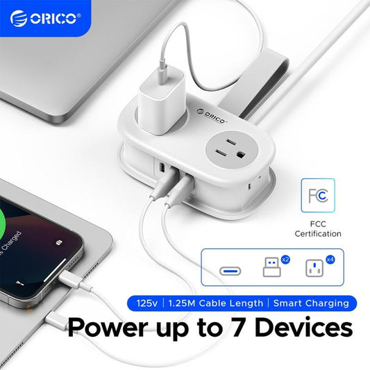 Compact travel power strip with 4 outlets and 3 USB ports including USB-C